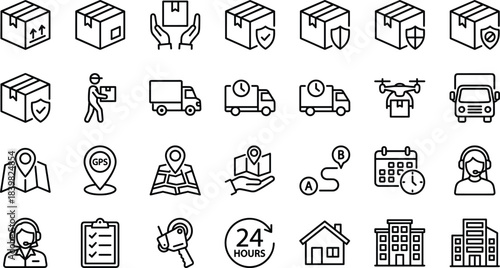 Delivery and logistics icon set, shipping boxes, courier service, GPS tracking symbols, fast transport, customer support, warehouse and home location graphics