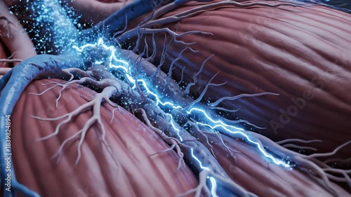 Pain signals traveling from muscle fibers to nearby nerve endings. After painkiller activation, a descending wave of cool blue neurotransmitter modulation appears, interrupting excessive firing