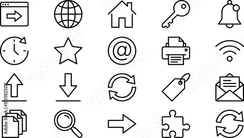 User interface line icon set, web navigation symbols, home key notification wifi email arrows refresh search tag puzzle vector illustration