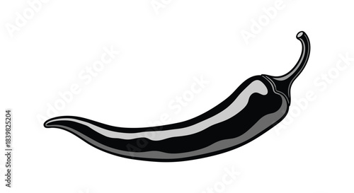 A graphic illustration of a black chili pepper, rendered in shades of gray, featuring a curved shape and distinct stem, isolated on white.