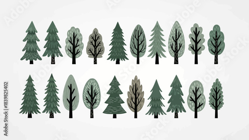 Diverse Collection of Stylized Evergreen and Deciduous Trees in Various Green Tones