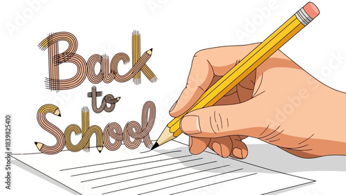 Creative Back to School Concept: Hand Writing with Pencils Shaped Letters on Paper