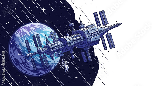 Astronaut Floating Near Space Station and Earth in Cosmic Starry Background