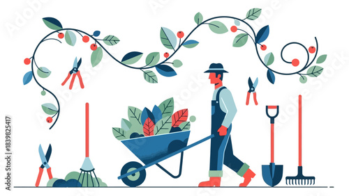 Gardener Pushing Wheelbarrow Surrounded by Garden Tools and Climbing Plants