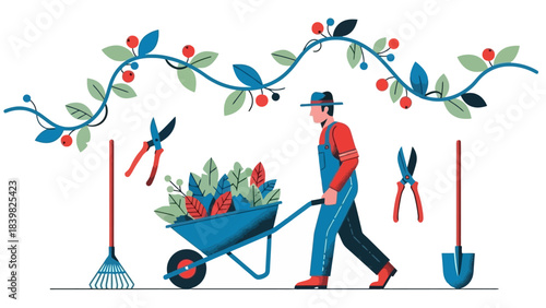 Stylized Gardener with Wheelbarrow and Gardening Tools, Blooming Vine Overhead