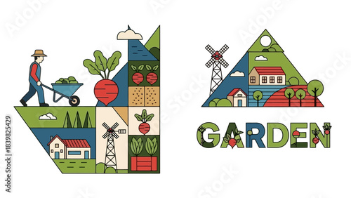 Stylized Flat Vector Illustration of Farming and Gardening Concepts with Vegetables