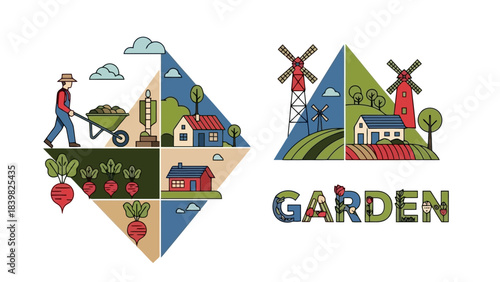 Stylized Flat Vector Illustration of Farming and Garden Elements