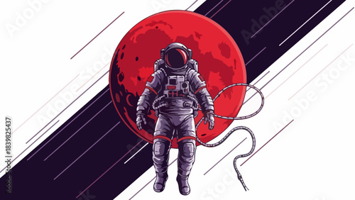 Astronaut Floating Near Red Planet with Diagonal Lines and Stars