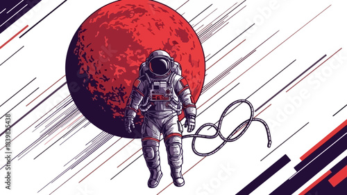 Astronaut in Space with Red Planet and Streaking Lines, Vector Art