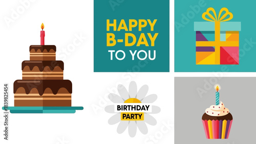 Happy Birthday Celebration Elements: Cake, Gift Box, Cupcake, and Daisy Party Design