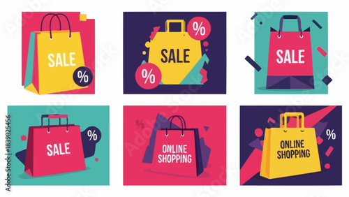 Set of Six Shopping Bags with Sale and Online Shopping Text, Sale Icons