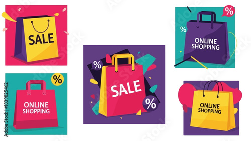 Vector Illustrations of Shopping Bags for Sales and Online Shopping Promotions