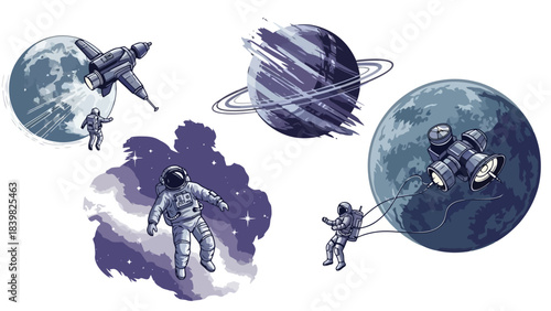 Astronauts Floating in Space Near Planets and Spaceships Vector Illustration