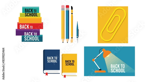 Back to School Theme Objects: Stacked Books, Pencils, Paperclip, and Desk Lamp