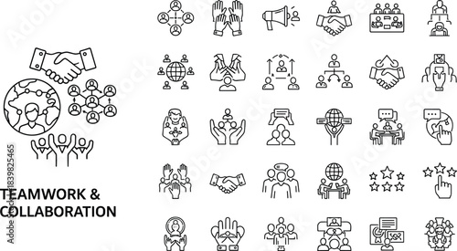 Teamwork and collaboration line art icons, business communication illustration set, leadership and group cooperation symbols, global team support and partnership