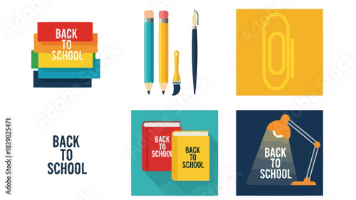 Back to School Themed Vector Illustrations Set of School Supplies and Text
