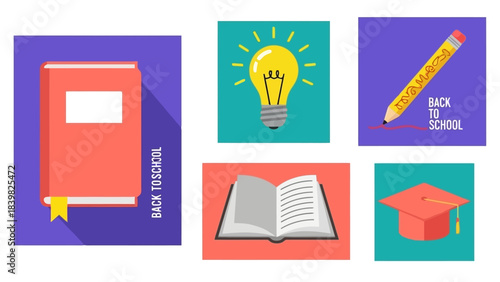 Collection of Five Flat Vector Illustrations for Education and Back to School Themes