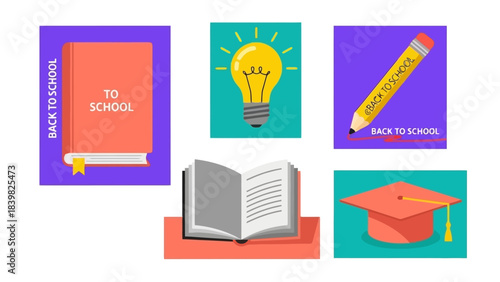 Back to School Concept: Book, Lightbulb, Pencil, Open Book, and Graduation Cap Icons