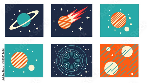 Retro Space Illustrations: Planets, Meteor, Black Hole, and Stars in Flat Design