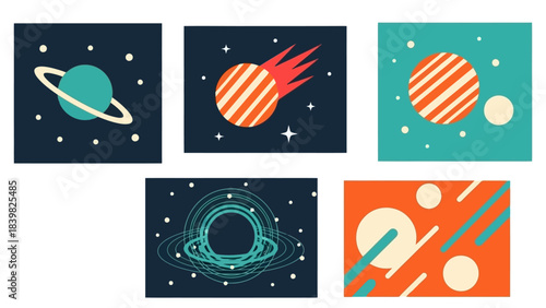 Collection of Five Minimalist Vector Illustrations of Planets, Meteor, and Black Hole