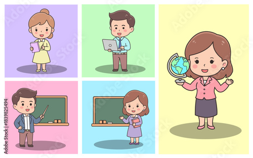A set of cute handdrawn style illustrations featuring teacher character in different activities. The illustrations include a teacher holding a book, a teacher with a laptop, teacher with globe and two