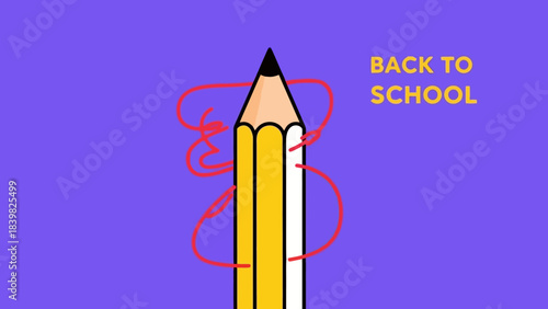 Stylized Yellow Pencil with "Back to School" Text on Purple Background