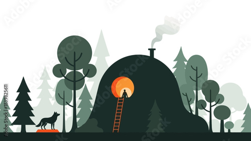 Stylized Forest Scene with a Cozy Dwelling and a Lone Wolf