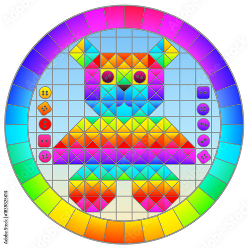 A patchwork illustration with a bright teddy bear on a blue background with buttons and a frame