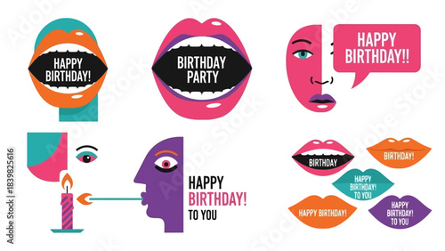 Abstract Birthday Illustrations Featuring Lips, Faces, and Candle for Celebrations