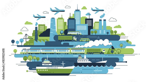 Modern City Transportation Hub with Diverse Eco-Friendly Vehicles and Industry