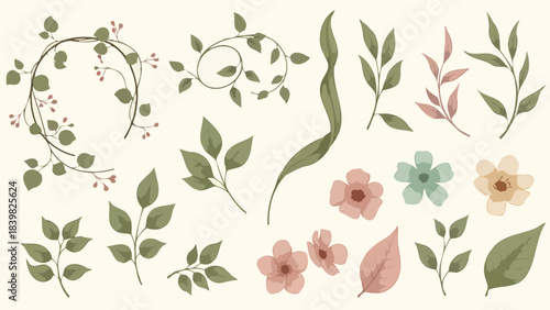 Elegant Botanical Elements Collection: Leaves, Flowers, and Vines for Design