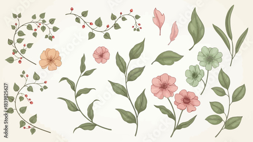 Elegant Botanical Elements: Watercolor Flowers, Leaves, and Vines for Design Projects