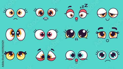 Set of 12 Cartoon Eyes with Different Expressions and Styles on Teal Background
