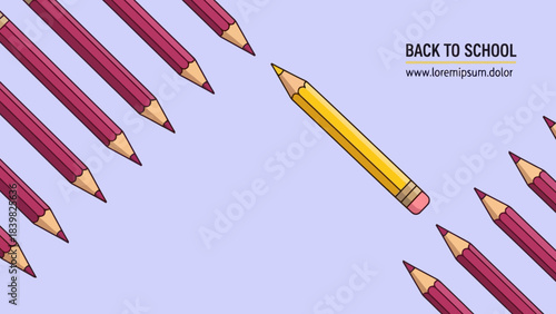 Unique Yellow Pencil Stands Out Among Red Pencils, Back to School Theme