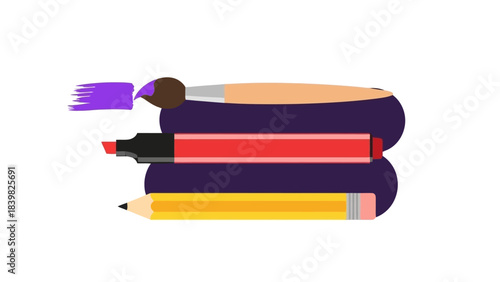 Art Supplies Stacked: Paintbrush, Marker, and Pencil for Creative Projects