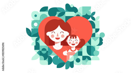 Happy Mother and Child Embracing Inside a Heart with Floral Abstract Background