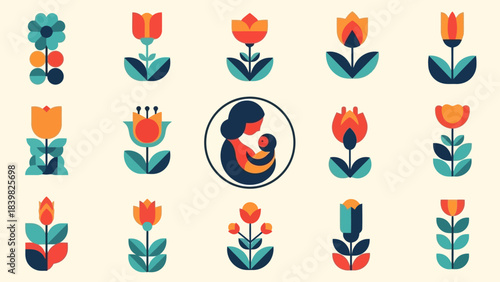 Abstract Flowers and Mother Holding Baby Icon in Geometric Folk Art Style