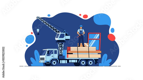 Construction Worker and Materials on a Truck with Crane, Vector Illustration