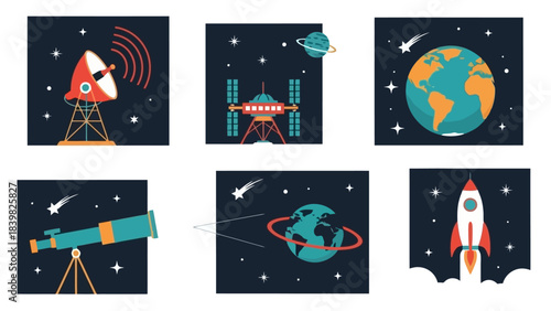 Space Exploration Icons: Rocket, Satellite, Earth, Telescope, and Dish Antenna