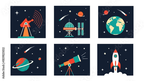Space Exploration Icons Set: Planets, Rocket, Telescope, Satellite, and Dish