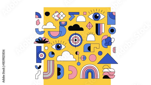 Abstract Geometric Shapes and Symbols in a Colorful Composition on Yellow Background