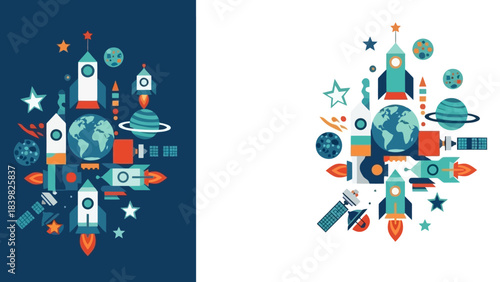 Colorful Space Exploration and Rocket Launch Vector Illustration with Planets