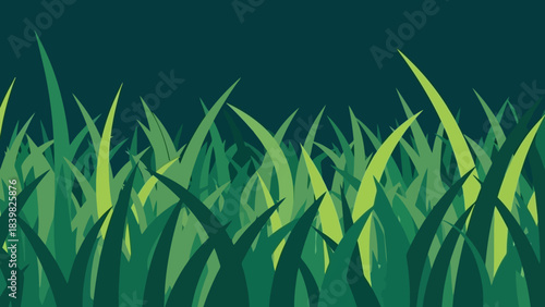 Abstract Green Grass Blades Field on Dark Blue Background, Minimalist Vector Art