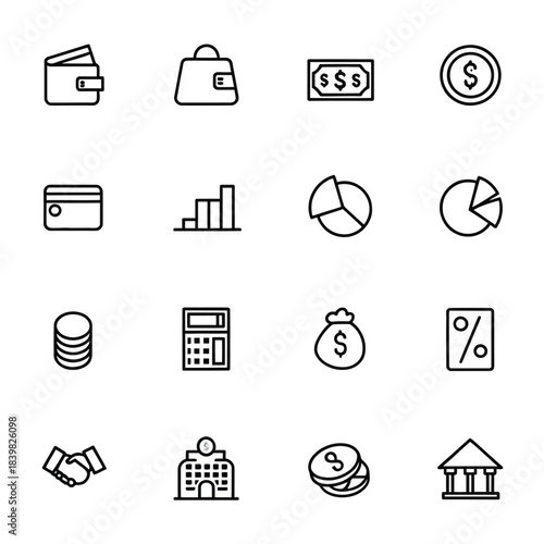 Sixteen essential black outline icons representing finance banking and business concepts