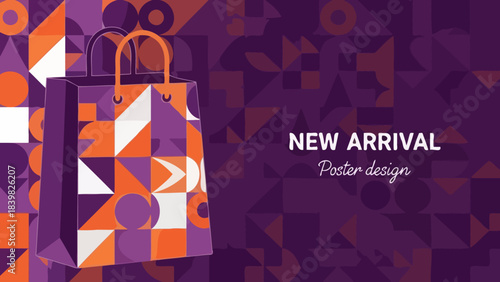 Modern Geometric Shopping Bag with "New Arrival Poster Design" Text on Purple Background
