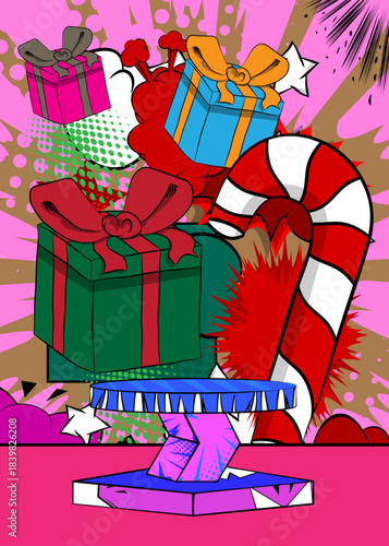 Comic Book Product podium stage for mockup presentation with Gift Box and Candy cane. Retro comics background.