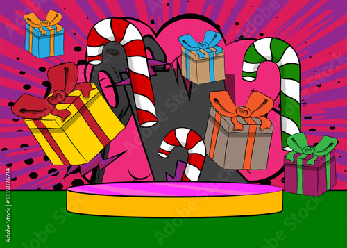 Comic Book Product podium stage for mockup presentation with Gift Box and Candy cane. Retro comics background.