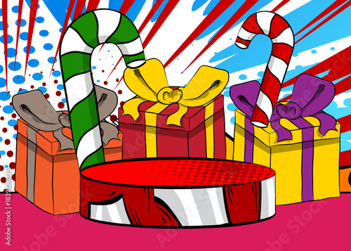 Comic Book Product podium stage for mockup presentation with Gift Box and Candy cane. Retro comics background.