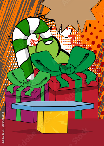 Comic Book Product podium stage for mockup presentation with Gift Box and Candy cane. Retro comics background.