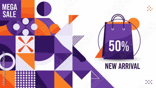 Mega Sale New Arrival 50% Off Discount Banner with Abstract Geometric Shapes